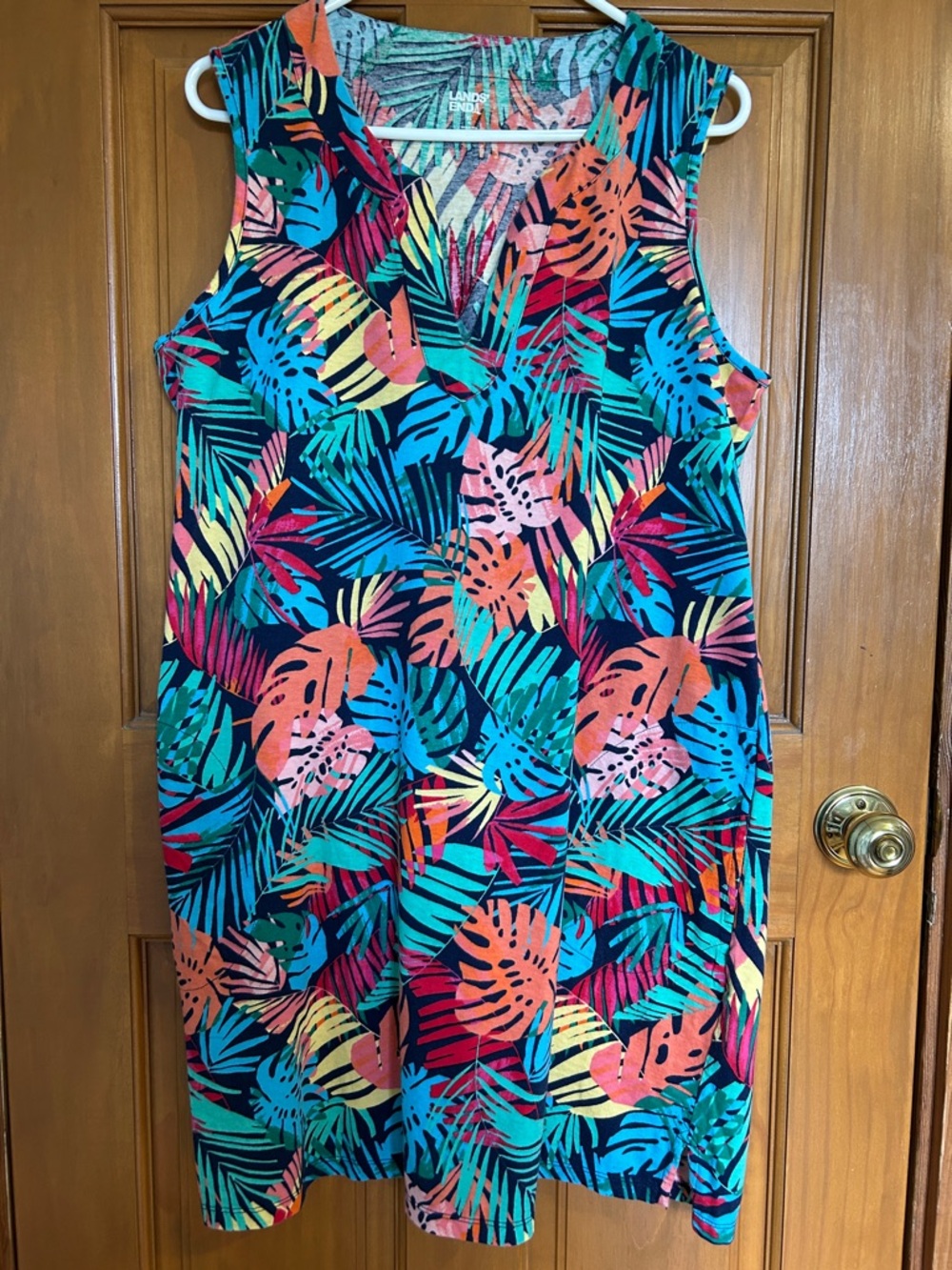 Lands' End Tropical Leaf Print Mini Dress in Teal, Coral & Navy